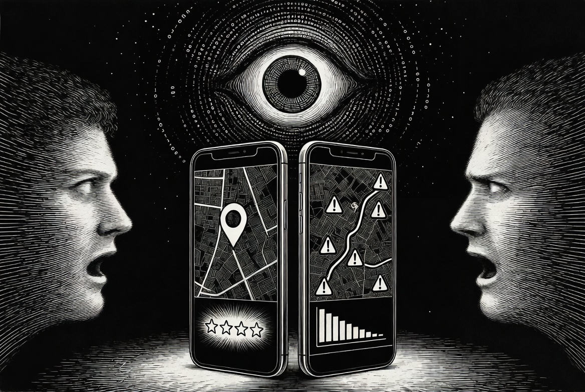 Ilustración en blanco y negro estilo grabado: dos hombres se enfrentan a través de dos pantallas de celular que muestran información distinta —un mapa con un pin del lado izquierdo, un mapa con alertas y advertencias del lado derecho. Por encima, un ojo cósmico observa rodeado de código binario.