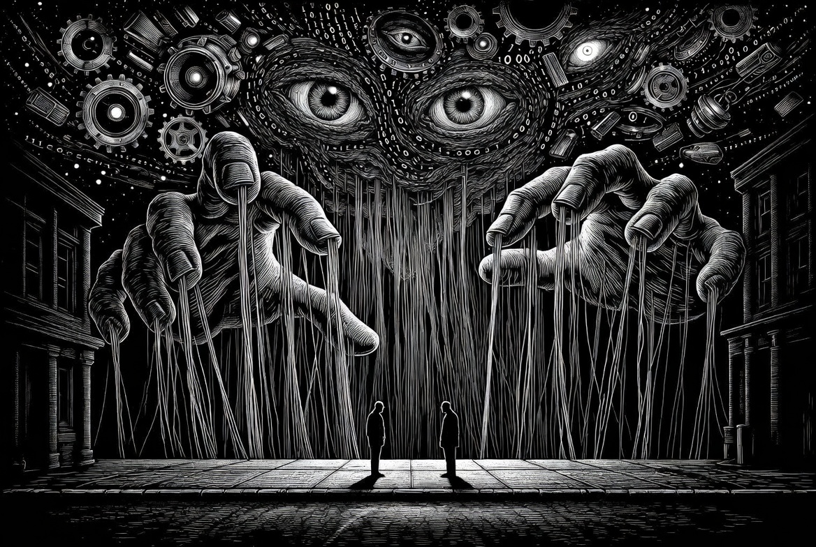 Ilustración en blanco y negro: dos manos gigantes descienden desde el cielo manejando con hilos invisibles a dos figuras humanas pequeñas y solas en una plaza vacía. Arriba, una entidad con muchos ojos rodeada de engranajes representa el algoritmo titiritero invisible.