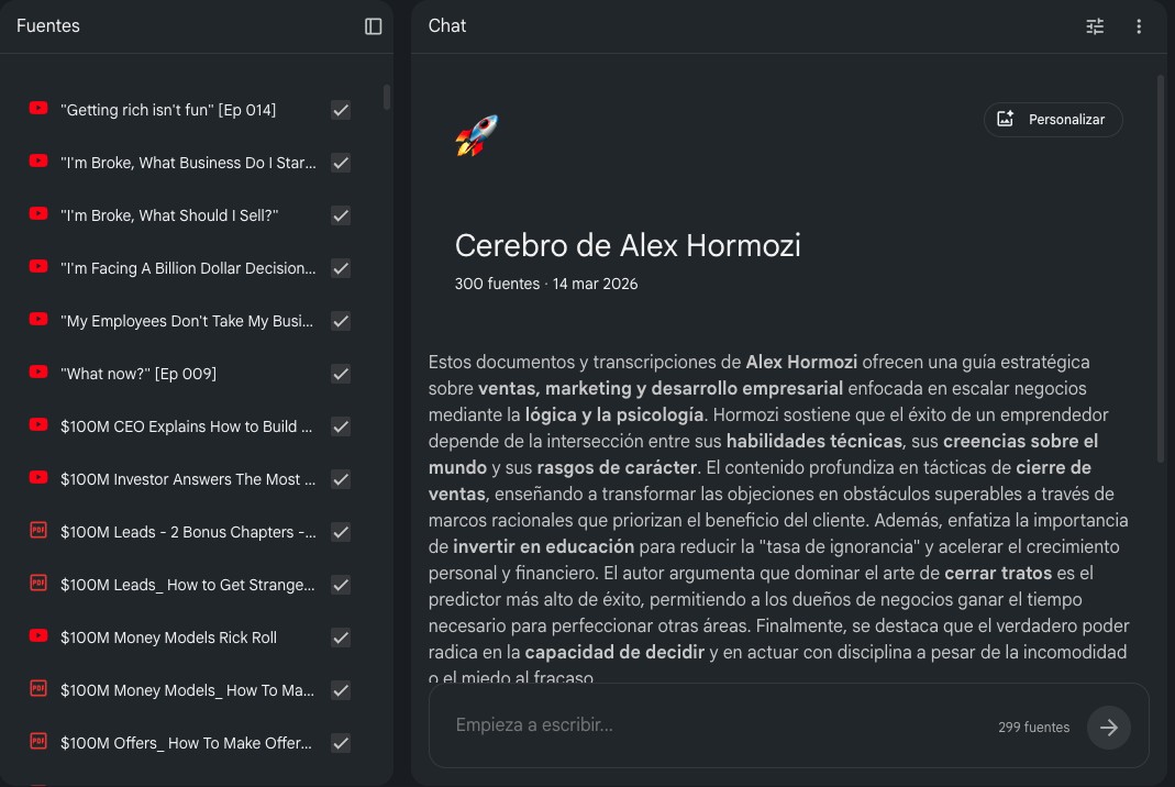 Captura del Cerebro de Alex Hormozi en NotebookLM — 20+ videos cargados y el chat respondiendo sobre sus enseñanzas.